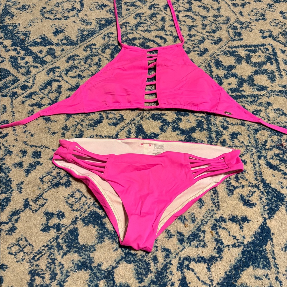 PINK Victoria's Secret Neon Pink Strappy Halter Bikini
